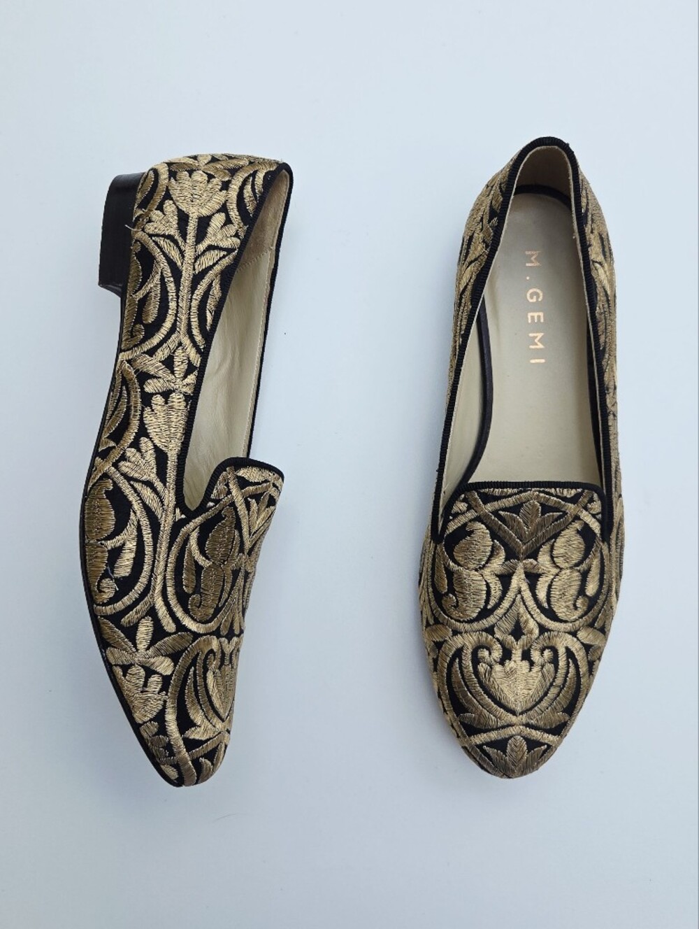M.Gemi black gold embroidered jacquard loafers 36.5